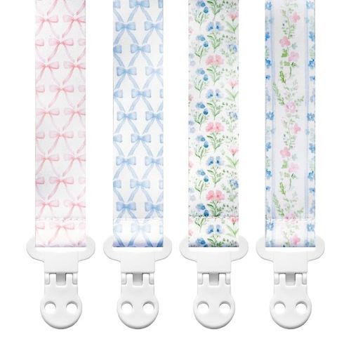 Stadela Baby Pacifier Clip Holder - Girl 4 Pack Gift Set – Vintage Floral Bows Ribbons Flowers French Blue Pink