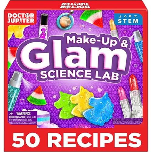 Doctor Jupiter Glam DIY Craft, Make-Up Kit for Girls Ages 6-8-12 | Lip Gloss, Bath Bomb, Perfume Making Kit with 50 Beauty Science Experiments | Birthday Gift Ideas for 6-7-8-9+ Year Old Girls