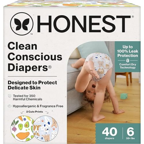 The Honest Company Comfort Dry Disposable Diapers for Sensitive Skin, Hypoallergenic, Fragrance-Free, So Delish + It's a Pawty, Club Box, Size 6 (35 lbs), 40 Count