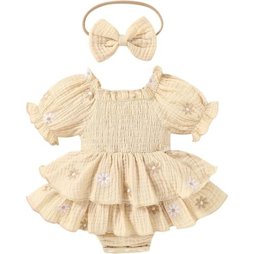 Happy Town Baby Girl Clothes Infant Summer Romper Dress Ruffle Short Sleeve Jumpsuit with Headband Cute Toddler Outfits
