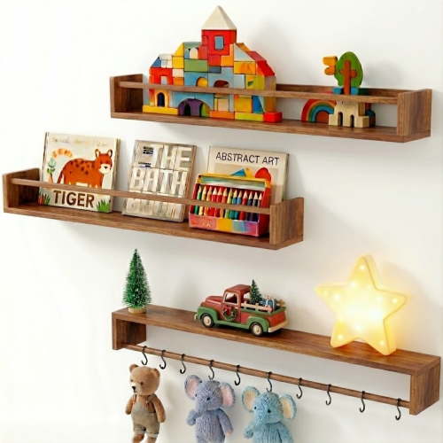 MEHOOM 24" Rustic Solid Book Shelves for Wall Set of 3, Floating Shelves for Bathroom,Kids Room,Bedroom,Living Room,Kitchen,Study Room,Torched Wood Wall Shelves Farmhouse Decor