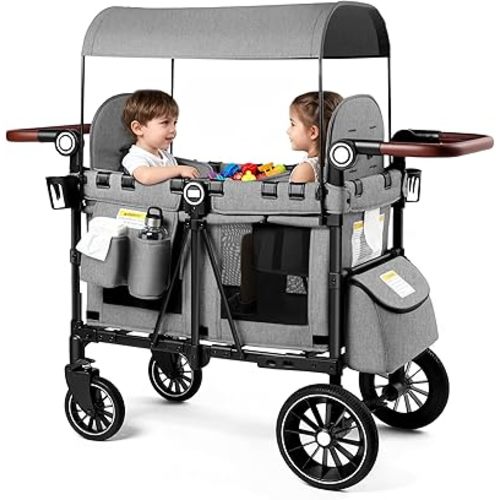 Kinder King Wagon Stroller for 2 Kids, All-Terrain Foldable Outdoor Stroller Wagon 2 Seater, Removable Canopy, Adjustable Handle, Shock-Absorbing Wheel, Detachable Tray, Large Storage, Grey