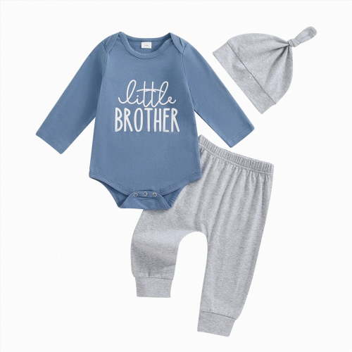 Linfrsh Toddler Outfits for Boys Little Brother Newborn Outfit Long Sleeve Romper and Pants Boy Coming Home Outfit Fall Winter Clothes(Blue,0-3 Months)