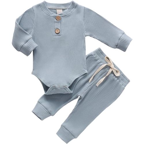 Newborn Baby Boy Girl Clothes Ribbed Knitted Cotton Long Sleeve Romper Long Pants Solid Color Fall Winter Outfits