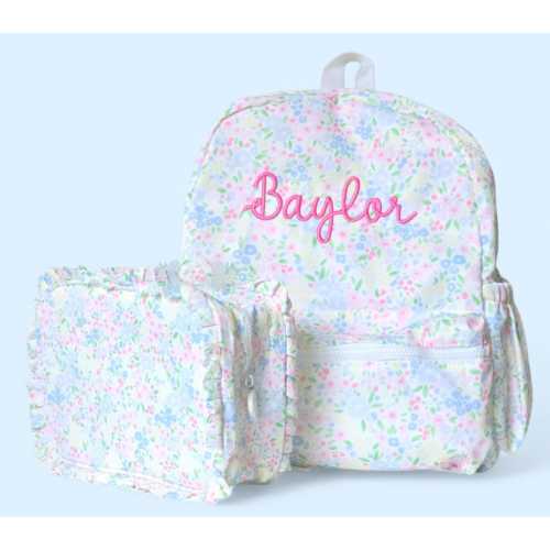 Personalized Floral Gingham Backpack, Embroidered Name Toddler Bookbag, Wipeable Nylon Bag