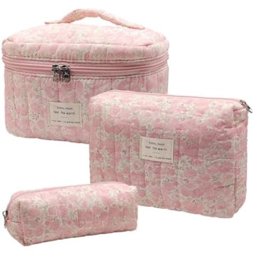 Quilted Makeup Bag, Large Capacity Travel Cosmetic Bag for Women and Girls, Aesthetic Storage for Daily and Travel Use (3pcs-Pinkditsyfloral)