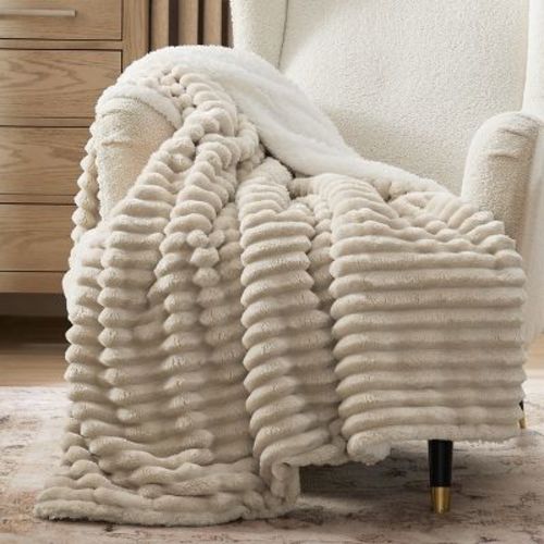 Bedsure Plush Fleece Throw Blanket - Lightweight Soft Couch Blanket, Beige, 50x60 In