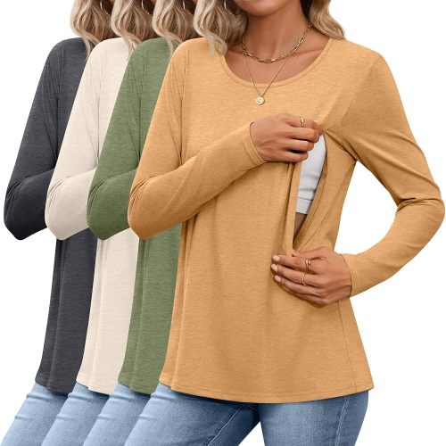4 Pack Women's Cotton Nursing Tops Breastfeeding Maternity Hidden Zippers Crew Neck Long Sleeve Pregnancy Shirts