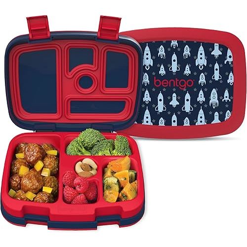 Bentgo Kids Prints Leak-Proof, 5-Compartment Bento-Style Kids Lunch Box - Ideal Portion Sizes for Ages 3-7, Durable, Drop-Proof, Dishwasher Safe, & PFAS & BPA-Free Materials (Rocket)