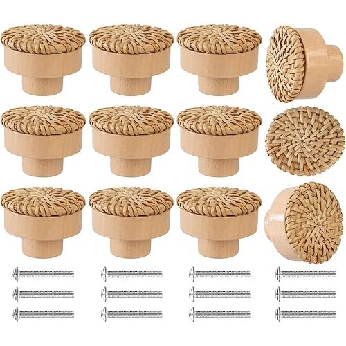 12 Pack Boho Rattan Dresser Knobs Handmade Wooden Drawer Knobs Durable Beech Wood Drawer Pulls,with 24 Screws Wicker Woven Pulls for Cabinets, Furniture