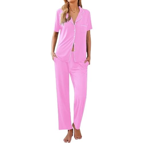 Ekouaer Women Pajamas Set Button Down Sleepwear Short Sleeve Nightwear with Long Pants Soft Pjs Set S-XXL