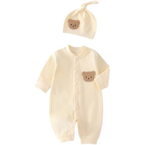 Baby Boys Girls Clothes with Hat, 100% Cotton Long Sleeve Ribbed Knit Button Infant Baby Romper Outfit