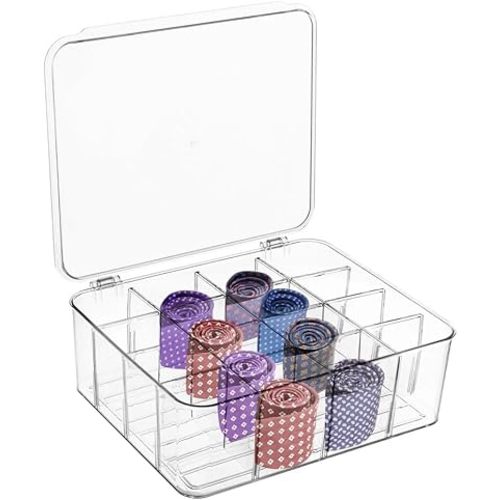 Varku Tie Organizer Box, 16-Cell Clear Tie Rack Organizer, Stackable Tie Display Rack, Drawer Closet Storage Bin with Lid, Storage Box for Ties (16 Cell)
