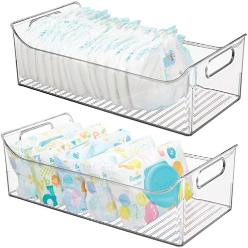 mDesign Portable Nursery Storage Plastic Baby Organizer Storage Caddy Bin with Handles for Kids/Child Essentials - Holds Diapers, Wipes, Bottles, Baby Food, and Snacks - 16" Long - 2 Pack - Clear - 16 x 8 x 5
