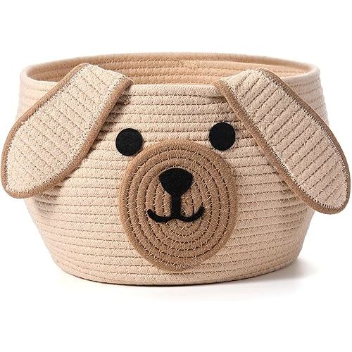 Zopeal Dog Woven Basket Cute Woven Cotton Rope Puppy Animal Storage Basket for Laundry Toy Gift (Khaki,13 x 8 Inch)