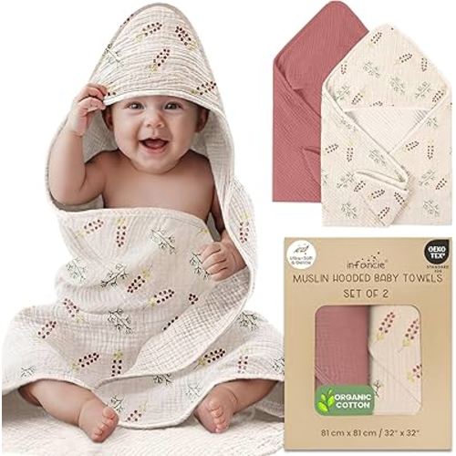 Organic Cotton Muslin Baby Hooded Towels - 81x81 cm, 2 Pack Newborn Bath Towels for Boys & Girls, Soft & Absorbent Bath Set (Pink/Floral)