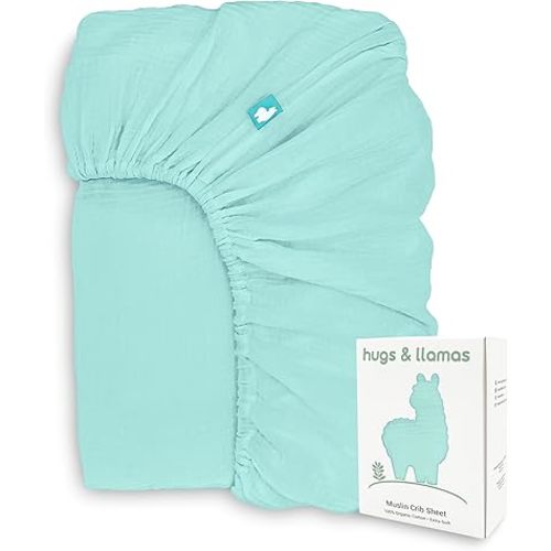 Hugs & Llamas | 100% Organic Cotton Muslin Fitted Sheet | Premium Baby Crib Sheets for Boys & Girls - Neutral