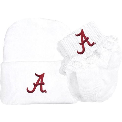 Alabama Crimson Tide Newborn Baby Knit Cap and Socks with Lace Set