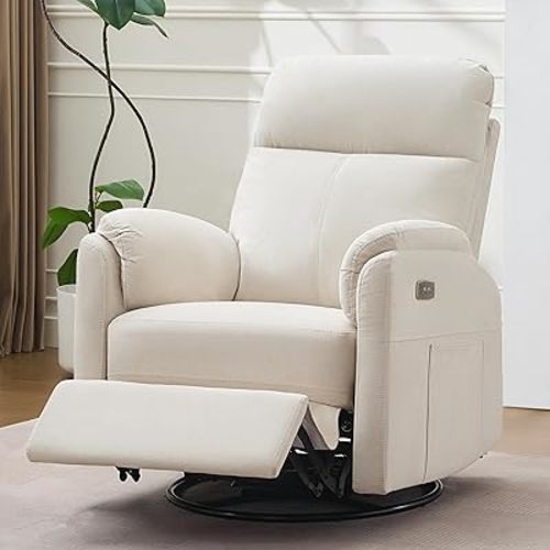 Power Glider Recliner Nursery Rocking Chair with USB Ports, Glider Chair with Lumbar Pillow for Living Room, Glider Swivel Recliner Chair for Nursery(Beige)