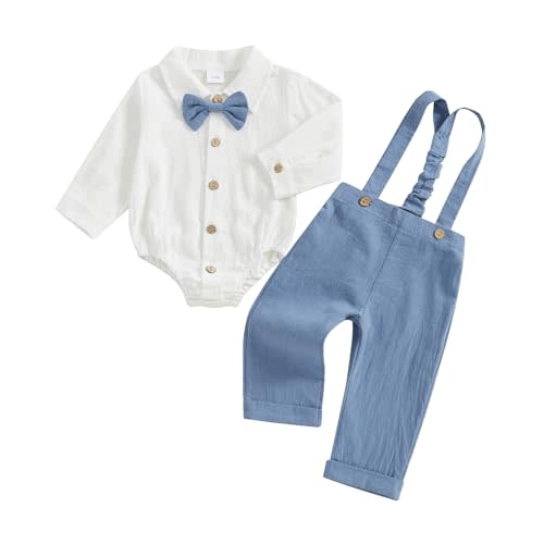 PUHHAPIEY Infant Baby Boys Gentleman Outfits Long Sleeve Bowtie Romper+Suspender Overalls Pants Set Wedding Set Formal