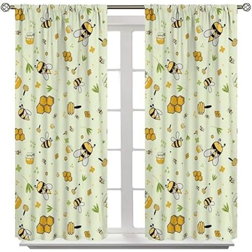 Kids Bee Blackout Curtains Cartoon Cute Bee Yellow Honeycomb Floral Pattern Print Living Room Curtains Suitable for Boys Girls Room Bedroom Decorative Curtains 42x43 Inches