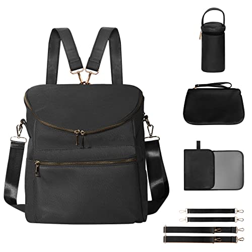 Minsong Diaper Bag Backpack,Fashion Leather Mommy Backpacks,Travel Toddler Baby Diaper Bags with in Bag Organizer and Changing Pad (Black)