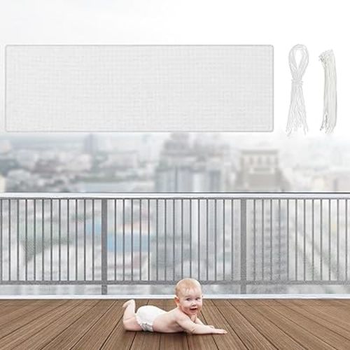 Hosuly Banister Guard 30 x 3 ft Balcony Netting for Kids Pets Stairway Safety Net Baby Fence Door Balcony Netting Safety Mesh Stair Net with No Drilling for Apartment Railing(White)