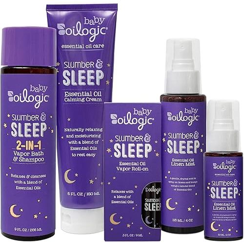 Oilogic Slumber & Sleep Baby Bath Essentials Gift Set, 5-Pack - Essential Oil Care Includes Roll-On, Calming Cream, Vapor Bath, and Two Linen Mist - Relaxing Lavender & Chamomile