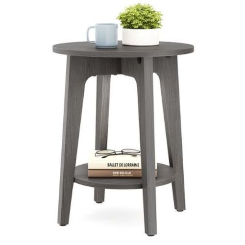 Round Side Table with Lower Shelf, End Table for Small Spaces, Nightstand