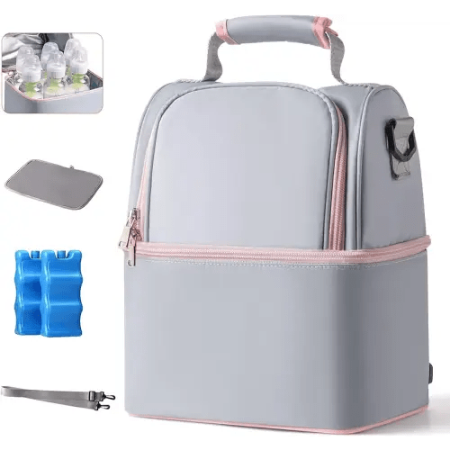 NCVI Breastmilk Cooler Bag with 2 Ice Pack, Breast Pump Bag with Cooler Fits 6 Bottles, Double Layer Breast Milk Baby Bottle Cooler Bag, for Travel, Nursing Mom Daycare, Work, Picnic (Grey)