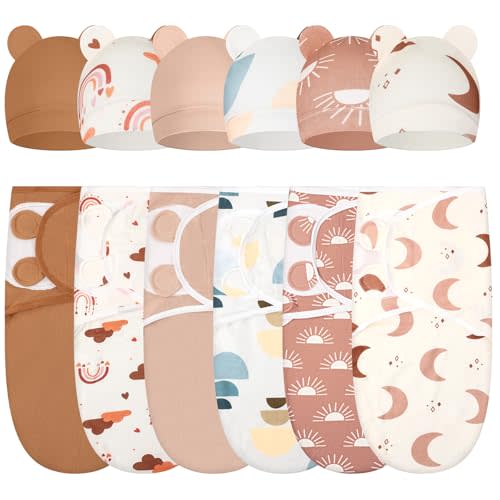 Ramede 6 Pack Swaddle Blanket with Hats for Baby Girl Boy 100% Cotton Swaddles 0-3 Months, Adjustable Breathable Skin Friendly Receiving Blanket Wrap, Essential for Newborns