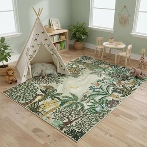 GarveeHome 4x6 Washable Area Rug for Kids Room, Jungle Animal Soft Bedroom Rug Non Slip Low Pile Small Carpet Stain Resistant Green Throw Rug for Bedside Playroom Office Dining Room