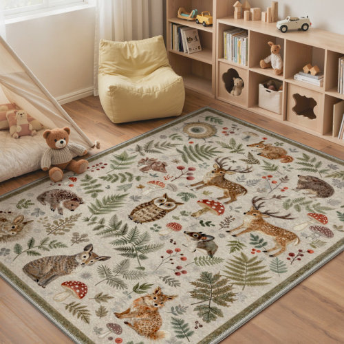 Bungalow Rose Aarna Woodland Rustic Animals Beige&Brown / Navy / Light Blue Area Rug, Washable Kids Rug with Non-Slip Backing & Reviews | Wayfair