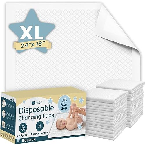 Reli. Premium XL Disposable Baby Changing Pad Liners | XL 24" x 18" | 110 Pack | Super Absorbent, Soft, Waterproof, Quick Dry | Carry on The Go for Quick Diaper Changes (White)