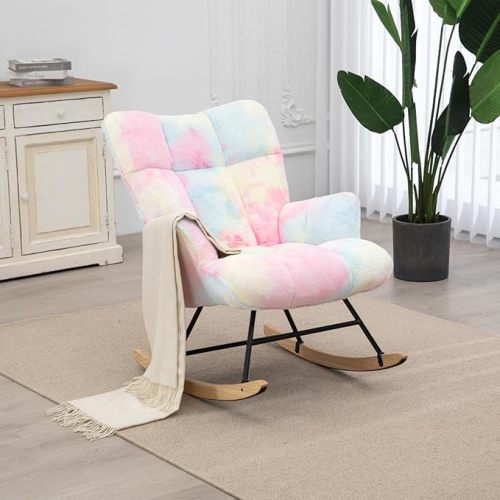 SAETSFEG Rocking Chair Nursery Teddy Upholstered Glider Rocker Rocking Accent Chair Padded Seat with High Backrest Armchair Comfy Side Chair for Living Room Bedroom Offices (Grey Teddy)