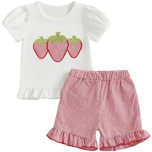 fhutpw Toddler Baby Girls Summer Clothes Smocked Short Sleeve T-Shirt Tops Ruffled Plaid Short Sets Cute Outfits 2Pcs