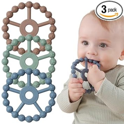 3 Pack Ring Teether Baby Infant Toys, Baby Essentials, Silicone Teething Ring Toys for Babies 0-6 Months, Seposeve Toddler Teethers 6-12 Months 12-24 Months, Infant Teething Relief, Brown Green Blue