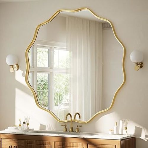 VooBang Gold Scalloped Large Circle Mirror, 42" Wavy Edge Round Wall Mirror with Tempered Glass Textured Circular Metal Deep Frame, Hanging Leaning for Bathroom, Hallway, Entryway, Livng Room