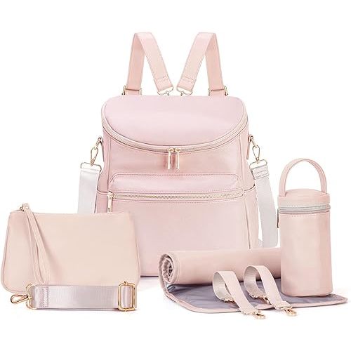 Minsong Diaper Bag Backpack, Fashion Leather Mommy Backpacks, Travel Baby Diaper Bags with in Bag Organizer and Changing Pad (Pink)