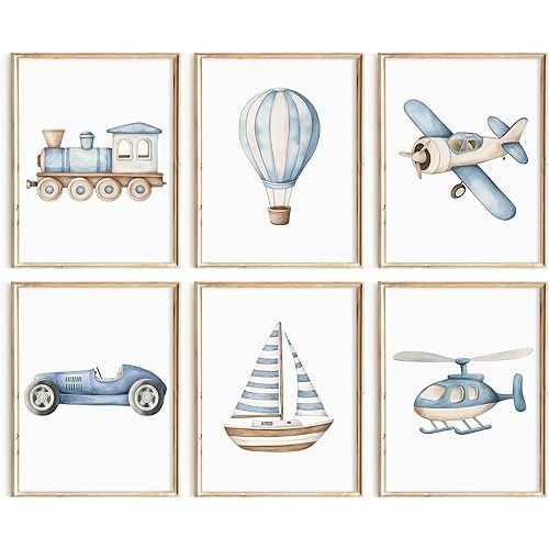Lhoiplme Baby Boy Nursery Wall Art Transportation Blue Car Canvas Prints Vintage Toddler Vehicle Pictures Decor Hot Air Balloon Airplane Nursery Poster for Kids Boys Room Bedroom 8x10x6 Inch Unframed