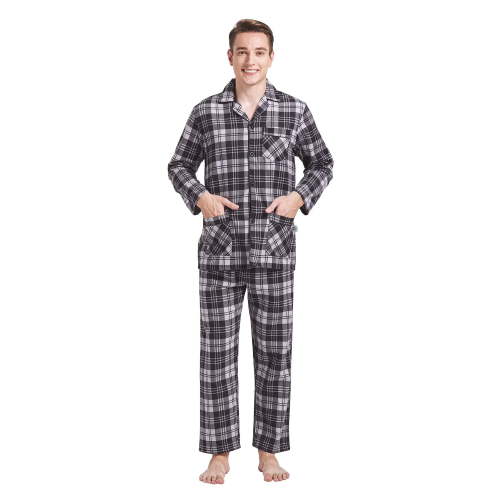 GLOBAL Men's Pajamas Sets 100% Cotton Flannel Sleepwear Long-Sleeve Top & Bottom Loungewear Gray&Black Check M