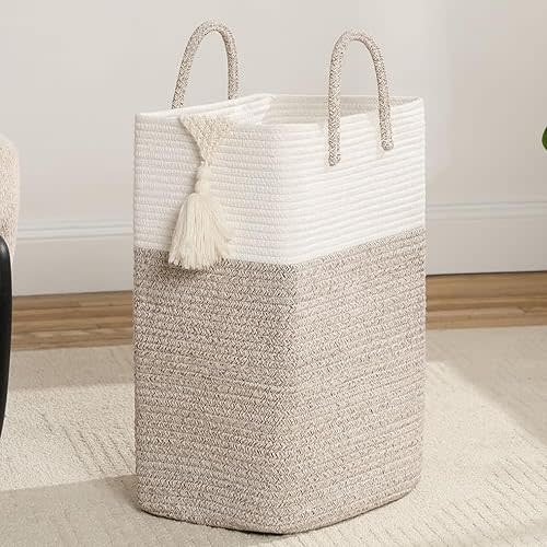Tall Laundry Hamper Sorters Big Laundry Basket With Handles,Woven Cotton Rope, Versatile Storage for Dirty Clothes,Baby Toys,and Blankets in Bathroom, Nursery,and Living Room (White Brown, 80L)