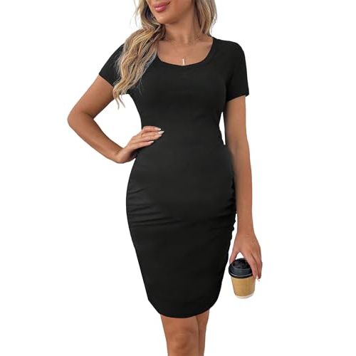 Peauty Everyday Essentials Maternity Bodycon Dress Side Ruch & Short Sleeve Dress for Baby Shower Daily (S-2XL)