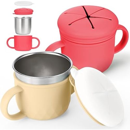 Mity Rain 2-Pack Stainless Steel Snack Containers, 4-in-1 Spill Proof Snack Cups with Silicone Lid and Handle, Dishwasher Safe Travel Snack Containers for Kids and Infants (Red + Ivory Yellow)