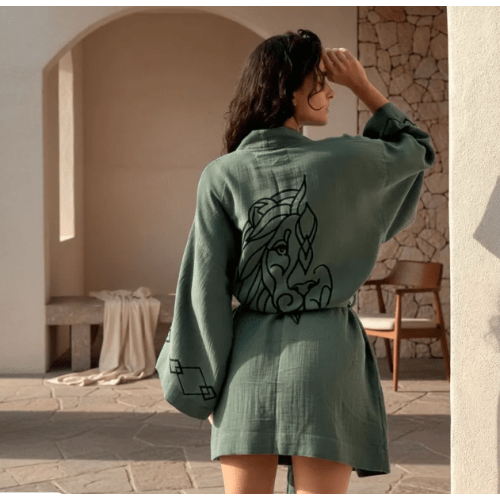 Organic Cotton Muslin Short Kimono, Dark Green Lion Print Robe, Handmade Boho Kimono, Beach Cover Up, Yoga & Travel Wear, Spa gift for her