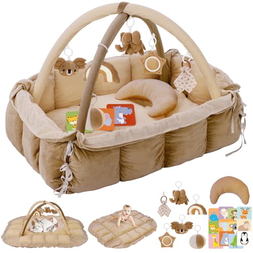 5-in-1 Plush Baby Play Gym, Baby Play Mats, Convertible Baby Gym with Pillow, Tummy time mat, 6 Sensory Toys, Activity Center, Ball Pit, Brown