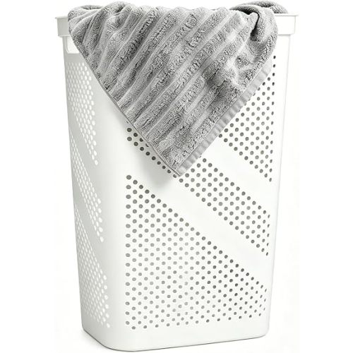 24 Inch Plastic Laundry Hamper with Lid, Slim Ventilated Clothes Basket and Large Dirty Cloth Towel Storage Bin for Laundry Rooms, Bathrooms and College Dorms, White