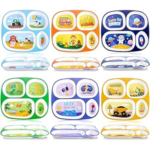 Hushee 6 Pcs 9.4 x 8.2 Inch Dinner Plate for Kids Girls Boys Cute Toddler Divided Plates Plastic Funny Serving Dishes for Construction Dinosaur Firefighter Farm Game Console Astronaut Animal