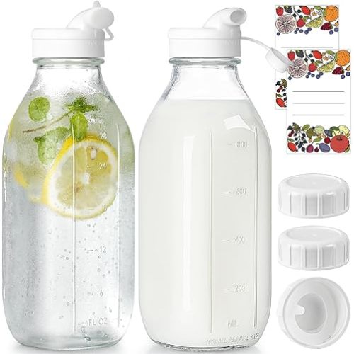 2 Pack Glass Milk Bottle with 2 Dispenser Caps, 100% Airtight Heavy Duty Screw Lid. 32 Oz Reusable Glass Water Jug with 3 Lids! Breast Milk Pitcher, Buttermilk, Nut, Juice, Syrup, Coffee Creamer