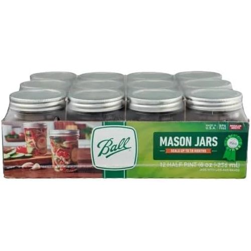 Ball Regular Mouth Mason Jars 8 oz. (12 Pack) - Half Pint Size Jars with Airtight Lids and Bands for Canning, Fermenting, Pickling, Meal Prep or DIY Decors